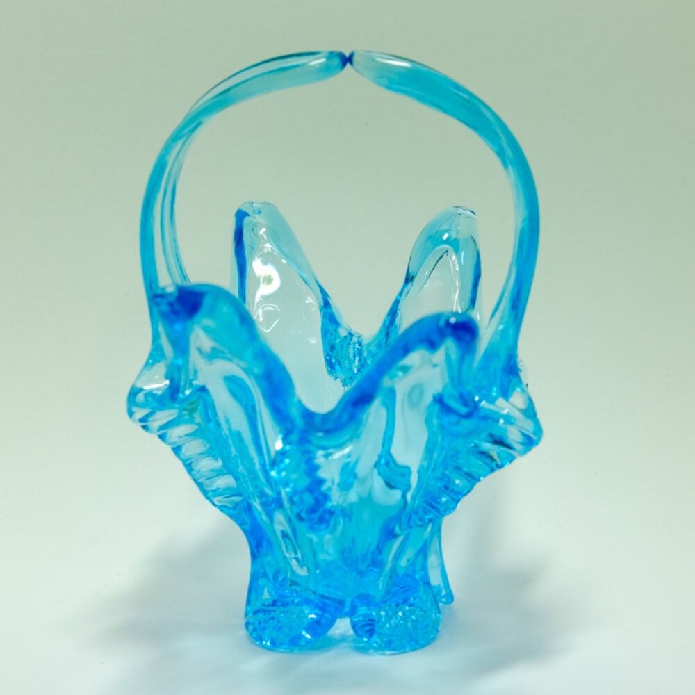 Mid Century 1960s Blue Chalet Glass Basket Bonbonnière - Canadian Art Glass